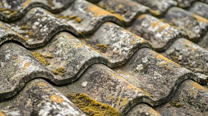 An old, weathered roof with yellow and brown tiles, showing signs of wear and age. The tiles are covered in moss and lichen