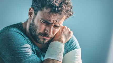 A man with a beard and bandage on his arm, leaning against a wall with a serious expression.