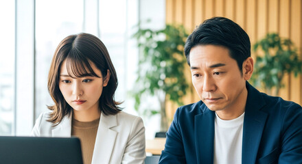 パソコンを前に真剣に悩むビジネスパーソンの男女 集中して作業する会社員 課題解決 オフィス シーン