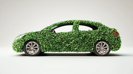 A green car covered in leaves, symbolizing eco-friendly transportation.