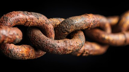 Fototapeta premium Old rusty metal chain with textured surface. Strong connection and security concept for industrial background. Durable material.