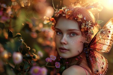 Fototapeta premium Red haired fairy girl wearing flower crown and butterfly wings in a magical forest with warm sunset light