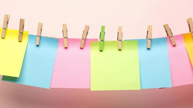 A row of colorful blank sticky notes hangs from a string, attached with small wooden clothespins against a plain pink background. The vibrant, empty sheets of paper provide ample copy space for text, 