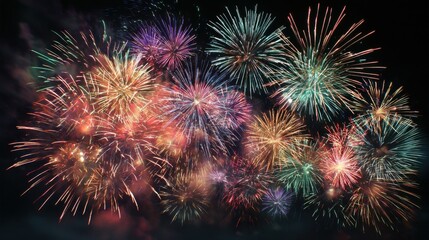 Fototapeta premium Vibrant festive fireworks display illuminates night sky with multicolored explosions.