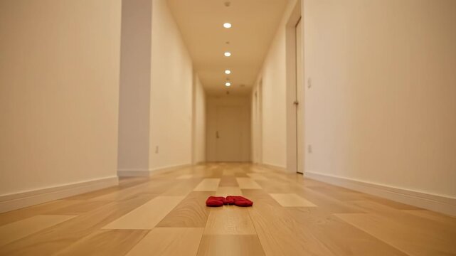 Hand-knitted red mittens sit on a polished wooden floor. A long hallway stretches into the distance.