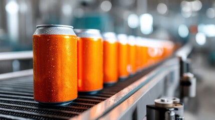 Orange beverage can with water drops on production conveyor belt in a factory. Drink industry manufacturing process and liquid packaging.