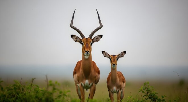 Two dik dik antelopes standing in a grassy field