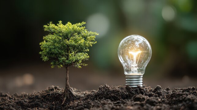 lightbulb tree with sunlight on soil. concept save world and energy power.