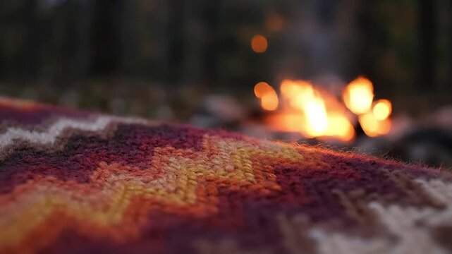 Cozy knitted blanket draped over a log with a warm campfire glowing softly in the background a comforting scene of rustic relaxation and autumnal evenings