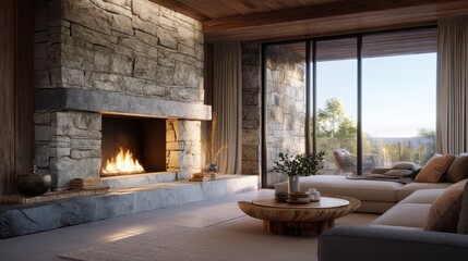 Naklejka premium Cozy living room interior with a fireplace and large window overlooking nature. Modern home design for relaxation and comfort.
