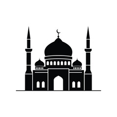 Elegant silhouette of a traditional mosque with multiple domes and towering minarets under a crescent moon, symbolizing spiritual devotion and cultural heritage