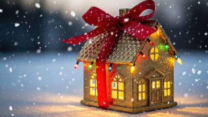 Fototapeta premium A small, golden house adorned with lights and a red bow, set against a snowy background with falling snowflakes.