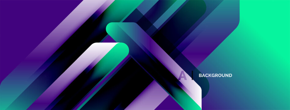 Abstract geometric design. Vivid purple, teal gradients create dynamic layered effect. Modern background suitable for digital projects.