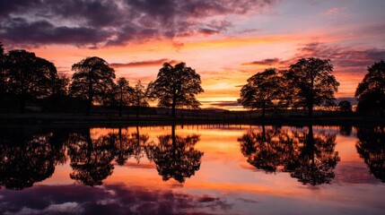 Silhouetted trees reflected in still water at sunset. Dramatic sky with bright colors and reflections on lake. Peaceful natural landscape.