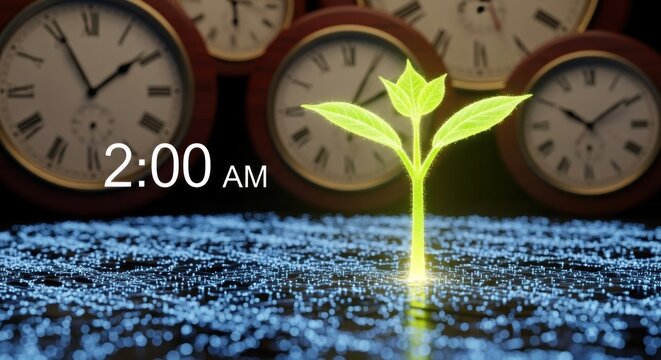A glowing green plant with leaves sprouting from a seedling, surrounded by a backdrop of old clocks and a digital clock reading 2:00 AM.