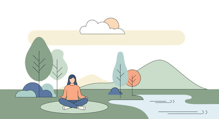 Obraz premium A minimalist illustration of a woman meditating peacefully in a serene natural landscape with trees, hills, and a river under a calm sky.