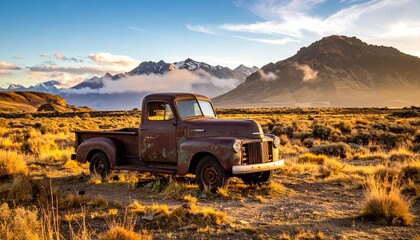 Old rusted classic american pickup truck in native farm location