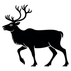 Obraz premium Profile silhouette of majestic reindeer with large antlers walking gracefully shown in black and white vector illustration for wildlife conservation and nature theme presentations