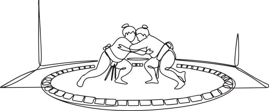One single line drawing of two young overweight Japanese sumo men fighting at arena competition vector illustration. Traditional rikishi combative sport concept. one line Icon drawing