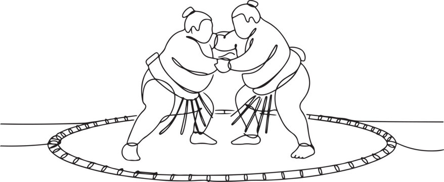 One single line drawing of two young overweight Japanese sumo men fighting at arena competition vector illustration. Traditional rikishi combative sport concept. one line Icon drawing