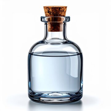 Clear Liquid Potion in Glass Bottle with Cork Stopper on White Background