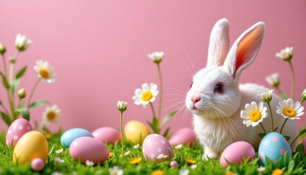 Happy easter 2026 wicker basket of pastel eggs and rabbit greeting card concept for april celebration