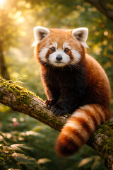 Obraz premium Adorable red panda sitting on a mossy tree branch in a lush forest, illuminated by warm golden sunlight with soft bokeh background, capturing wildlife in a natural habitat.