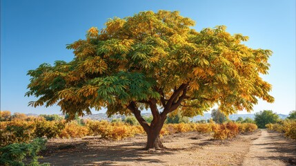 Majestic Walnut Tree: A towering walnut tree in the midst of a golden autumn landscape, its lush green leaves turning vibrant shades of yellow and orange.