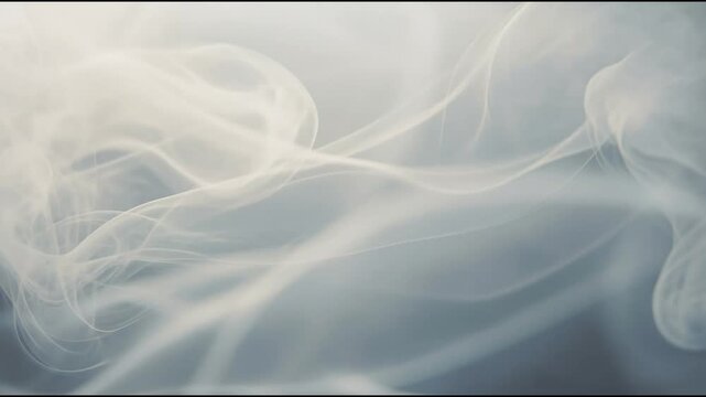 Smoke flowing softly in elegant waves with translucent white wisps on a cool gray blue background diffused lighting and a calm minimal abstract cinematic mood