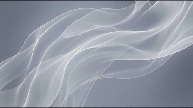 Smoke ribbons flowing diagonally in smooth layered waves with translucent white wisps on a cool gray background creating a calm clean abstract cinematic atmosphere