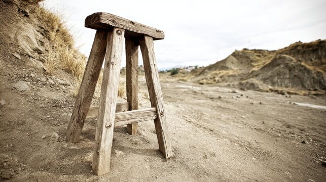A broken wooden stool standing in a desolate desert landscape
