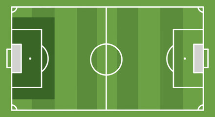 Striped Green Soccer Field Top View with Goalposts and White Lines, Football Pitch Layout © UDIN
