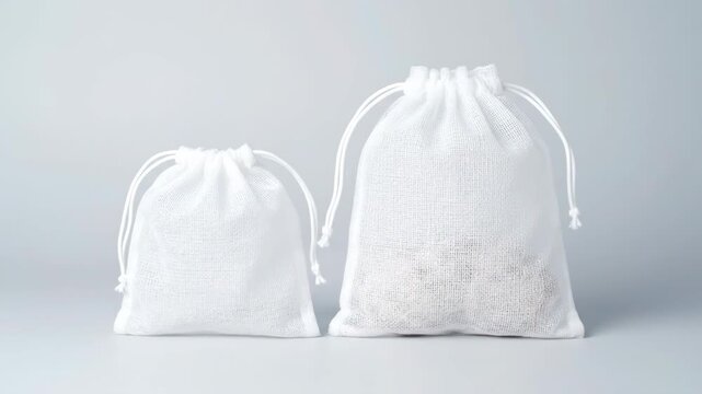 Two white drawstring bags sit side by side. They are made of sheer mesh fabric.