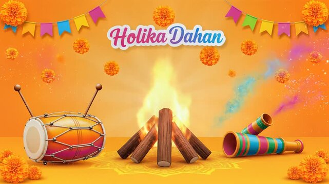 Holika Dahan Celebration Background with Bonfire Dholak and Colors