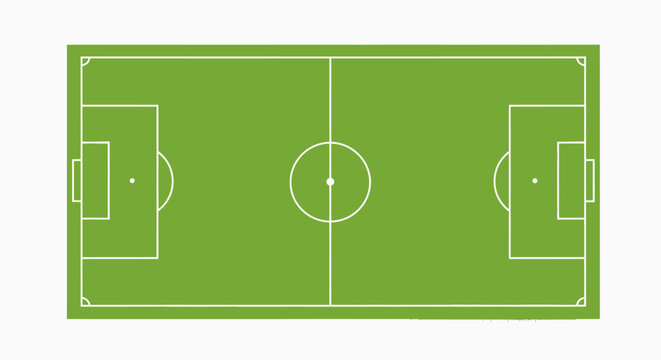 Empty Football Soccer Field with Green Grass and White Markings, top view, isolated white background