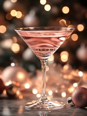 Luxury winter holiday party concept featuring a refined cocktail glass with a pink beverage