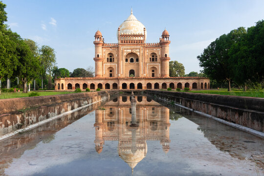 Safdarjung (Safdarjang) Tomb in Delhi, India. The tomb is a sandstone and marble mausoleum, and it was built in 1754 in the late Mughal Empire style for Nawab Safdarjung.