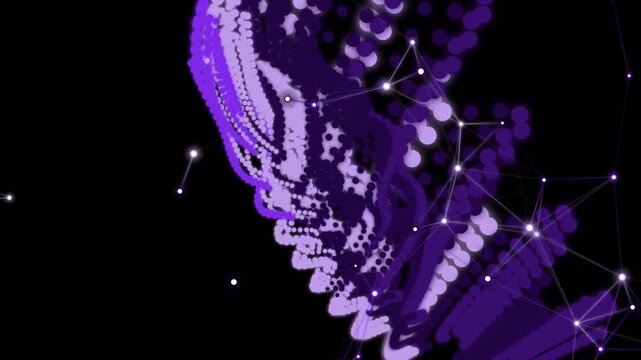 futuristic digital illustration of purple abstract shape with constellation pattern and connected dots on black background design element