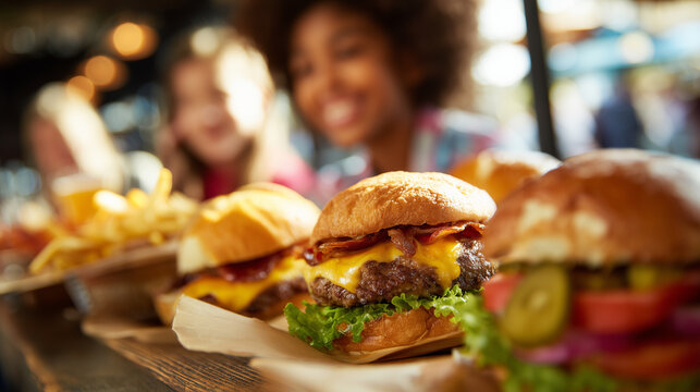 National Hamburger Month, Group of friends enjoying fresh hamburgers with fries at casual restaurant table celebrating National Hamburger Month together