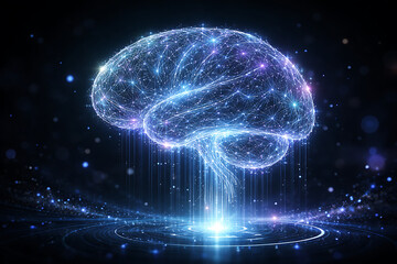 Glowing Wireframe Brain in Abstract Space