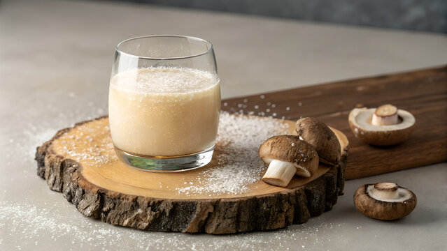 rad mushroom elixir glowing softly inside a sleek modern glass, centered on reclaimed wood, sparse composition, powder dusted in clean circular patterns, a single shiitake mushroom sliced open, dif