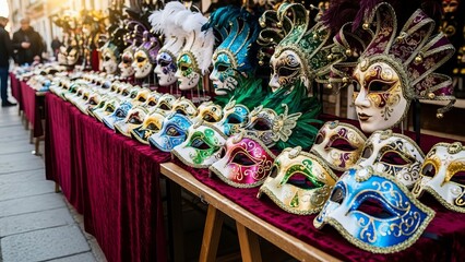 Obraz premium Colorful Venetian carnival masks at outdoor market