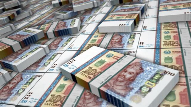 Tajikistan somoni Tajikistani money banknote bundle loop. 100 TJS money stacks. Concept of business, economy, banking and finance. Camera over cash packs loopable seamless 3d.