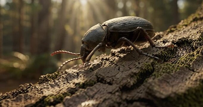Close up of insect on tree trunk with sunlight