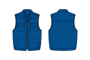 Mens casual blue denim vest front and back technical sketch template vector