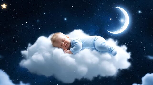 Baby sleeping dreamlike on cloud in night sky with moon and stars