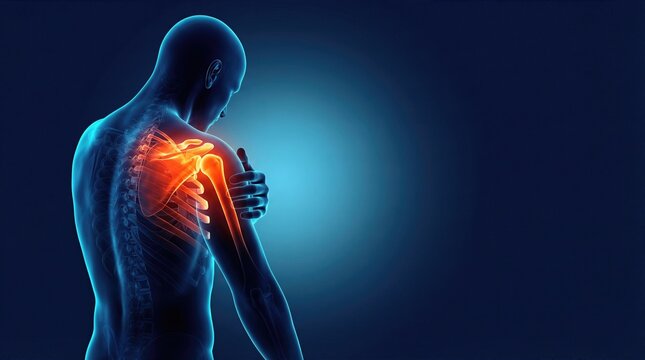 3D rendered male anatomy showing skeleton and shoulder pain on blue background
