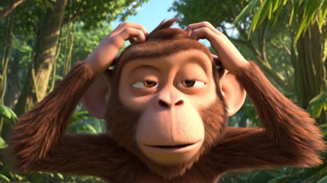 Surprised Cartoon Monkey Raising Hands in Shock Amid Lush Green Forest, Daytime View from Front Perspective, Animated Illustration Capturing Astonishment in Nature Setting