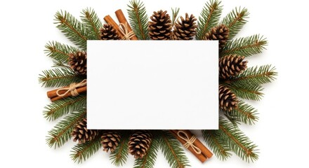 Christmas tree branches with pine cones and cinnamon sticks on a white background.