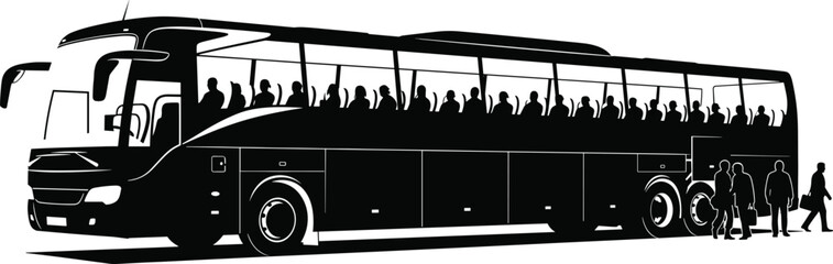 Passenger bus silhouette with people boarding and traveling together representing public transportation urban commute and group travel isolated on white background © Nayan Stock